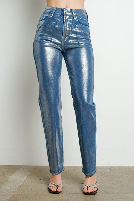 METALLIC DENIM PANTS