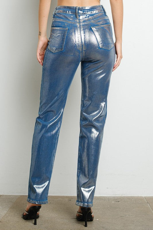 METALLIC DENIM PANTS