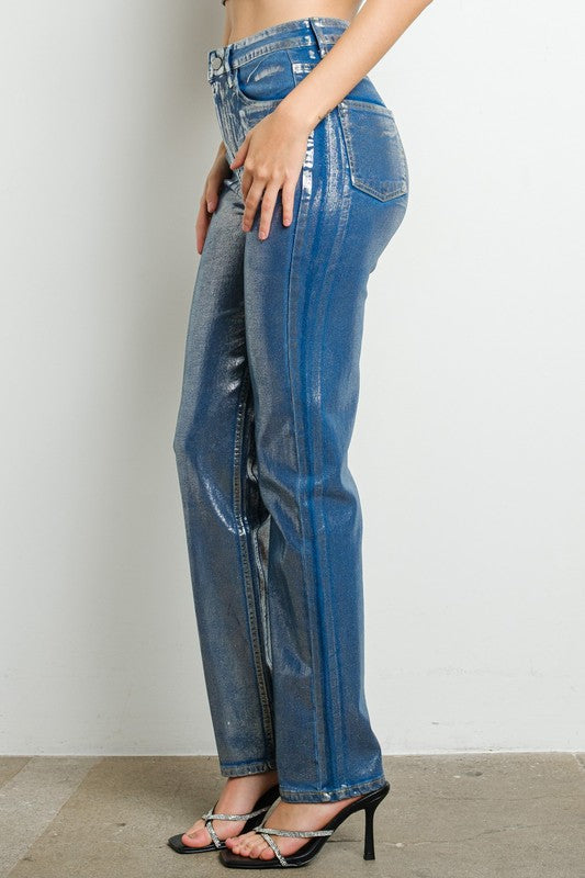 METALLIC DENIM PANTS